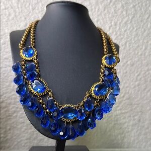 Antique art deco cobalt Blue glass and Gold tone Necklace
